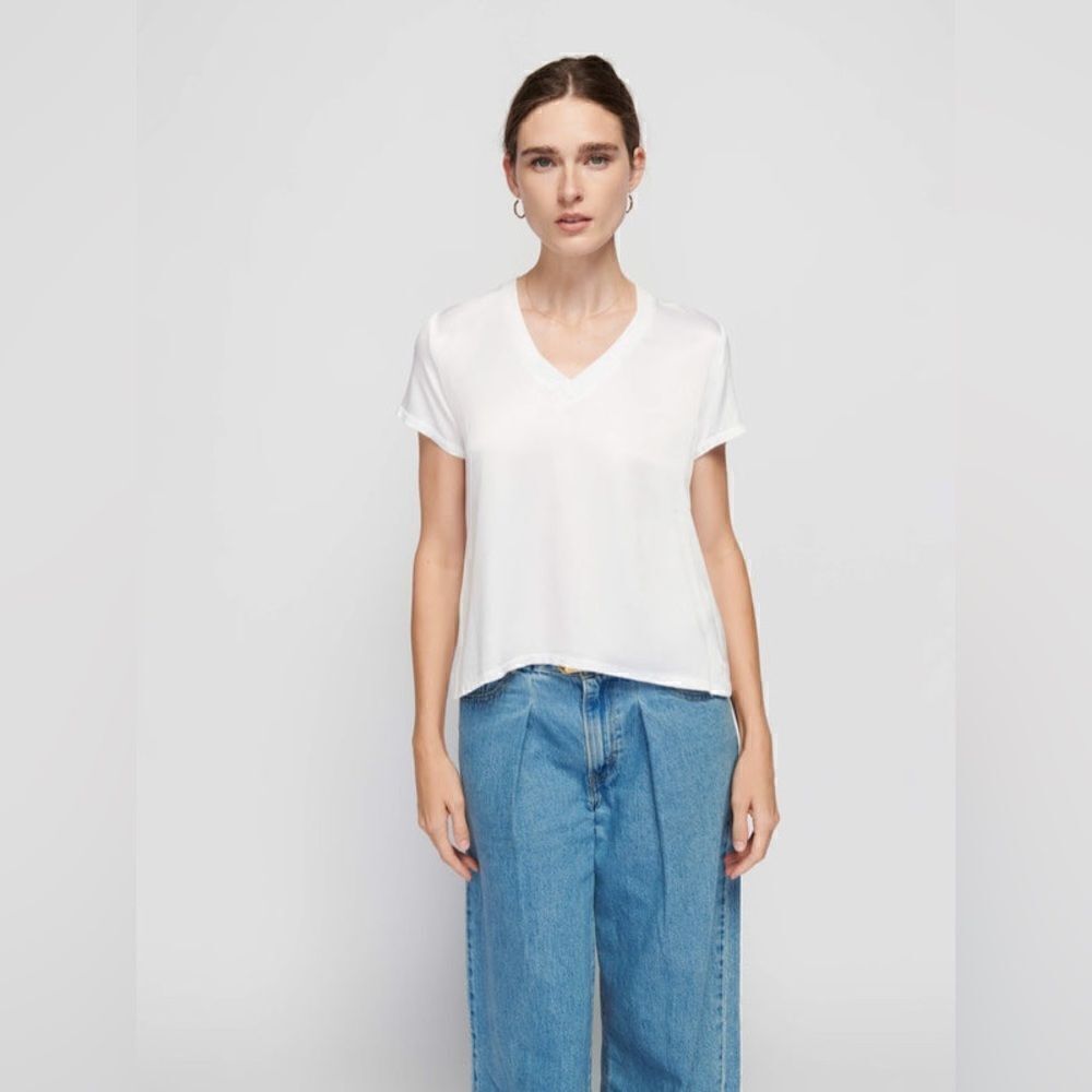 Nation June V Neck Satin Top in White - Size Medium